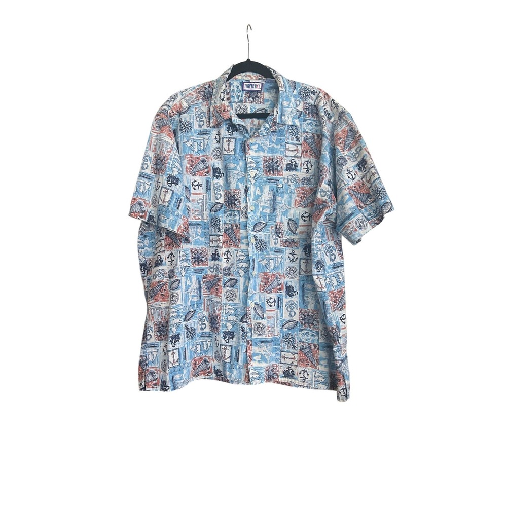 Vintage Cotton Hawaiian Shirt 2XLT Blue Nautical Resort Beach Coastal Dadcore